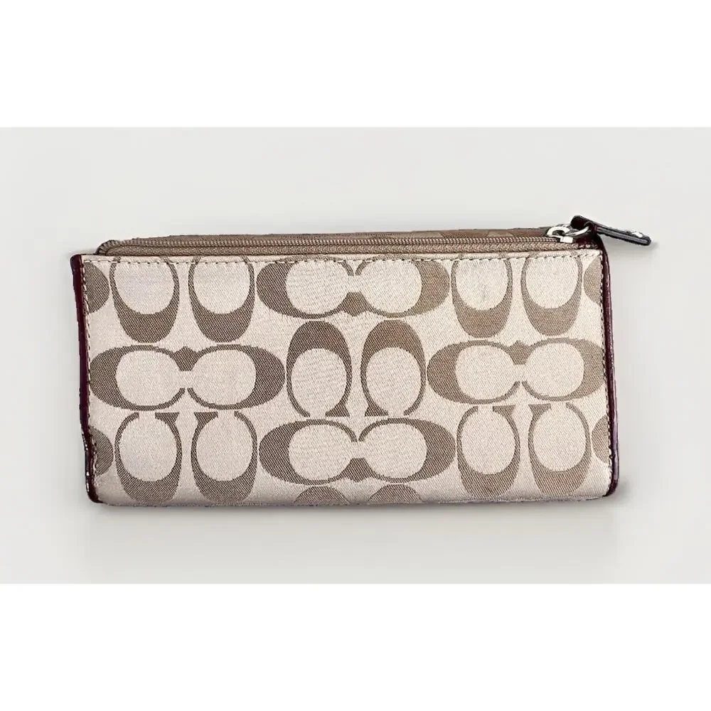 Coach Alexandra Signature C Jacquard Wallet Tan Burgundy Long Snap Closure